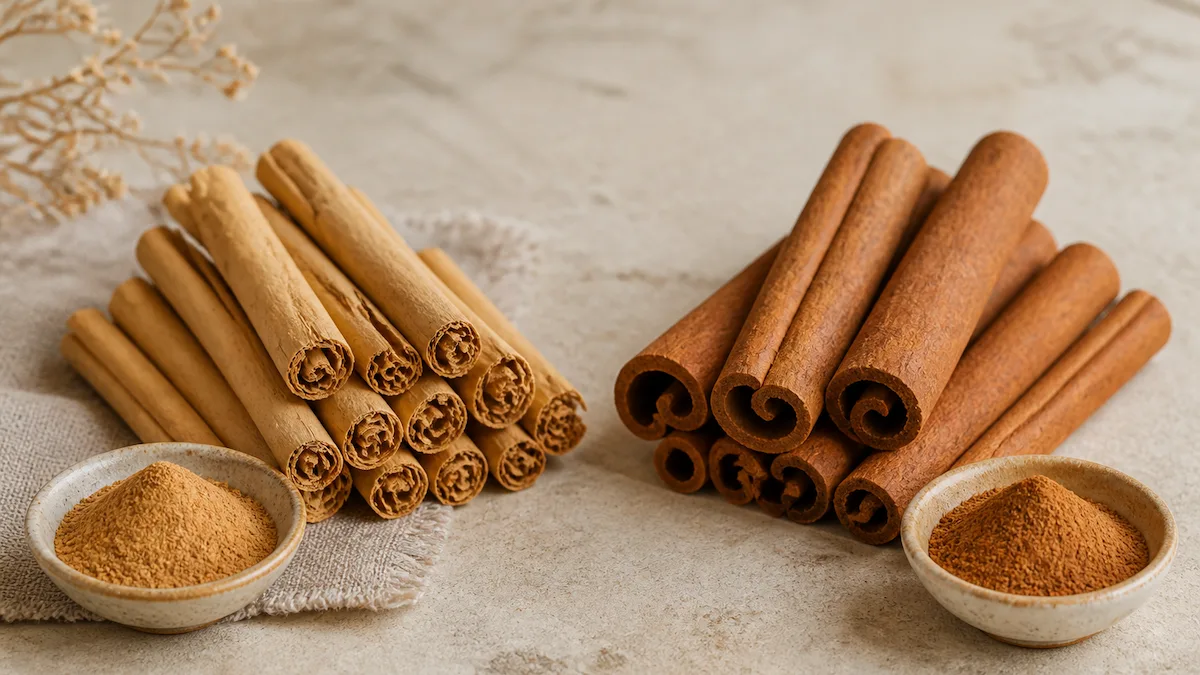 مقایسه چوب دارچین سیلان لایه‌لایه با کاسیای ضخیم و تیره