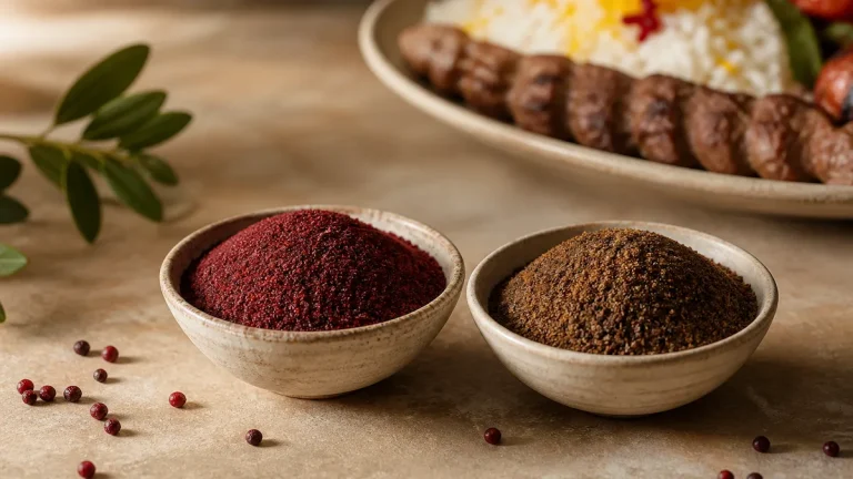 دو کاسه سماق قرمز و سماق قهوه‌ای کنار غذای کبابی